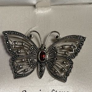 Vintage Sterling Silver Marcasite Garnet Butterfly Brooch